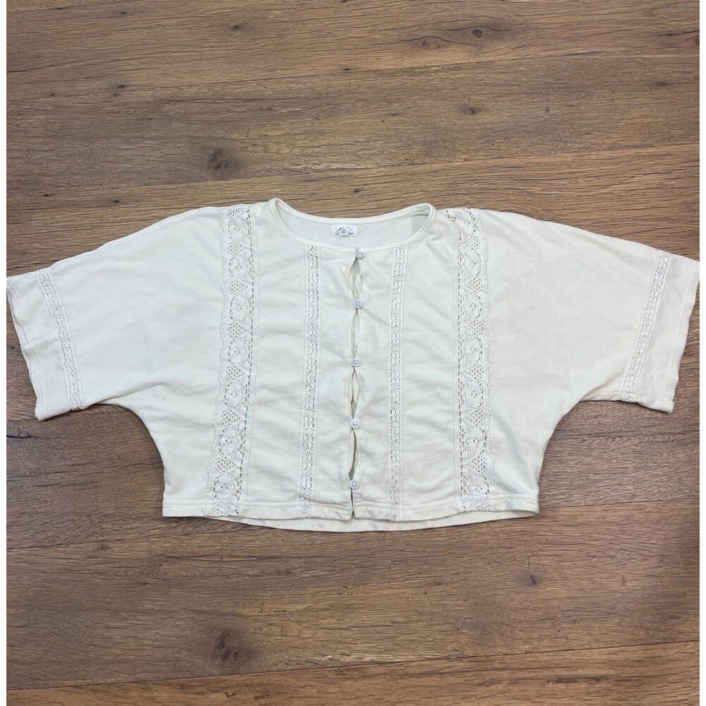 Aerie Women’s Ivory Solid Knit V-Neck Short Sleeve Button Lace Trim Top XS